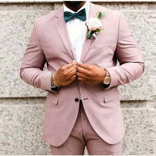 ANNIEBRITNEY Pink Linen Men Suit Classic Summer Jacket Men Wedding Suits Smart Casual Beach Prom Blazer Slim Jacket Pants 2019