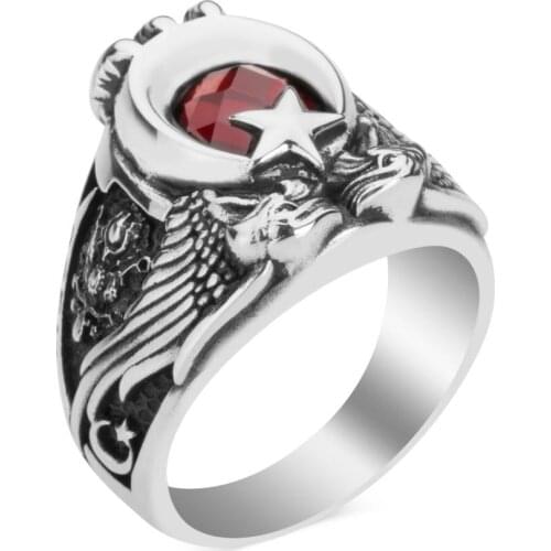 Zircon Kayi Tribal Style Crescent Star Motif Ring Turkish Men Ring Claw Style Ring Handmade Jewelery 925K Silver Gifts For Him