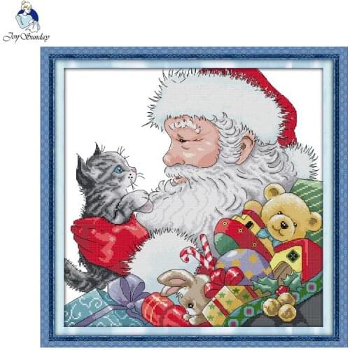 Joy Sunday Santa Claus and Kitten Cross Stitch Kit Aida 11CT 14CT Canvas Printed Needle Embroidery Set Christmas Decoration Gift