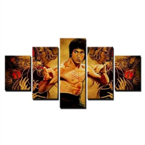 5 Panel Bruce Lee Canvas Paintings with Frame Home Decoration Print Oil Painting By Scenery Modular Pictures Wall Art