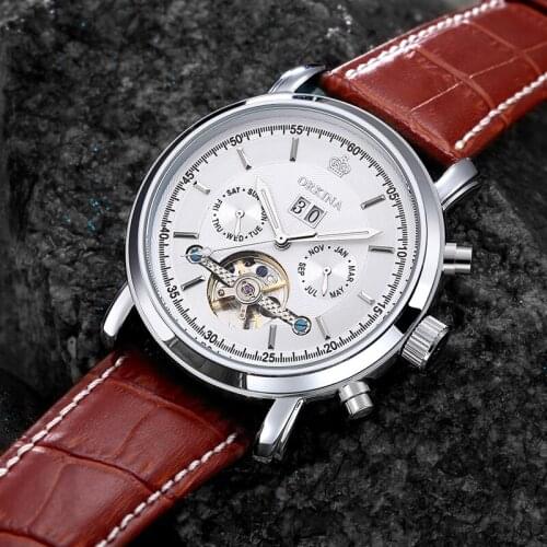 Classic Tourbillon Wrap Mens Watches Genuine Leather Band Calendar Automatic Mechanical Watches Mens Wristwatches Reloj Hombre