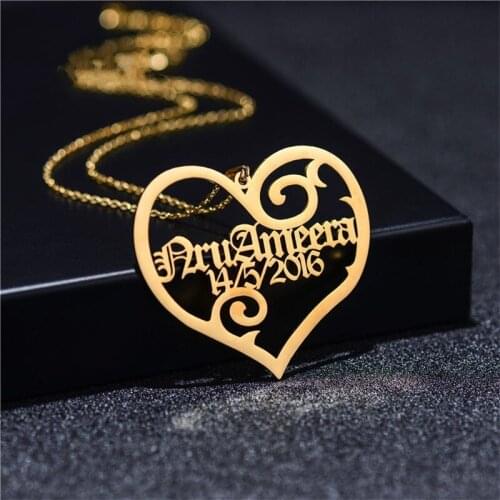 Custom Name Heart Pendant Necklaces For Women And Girl Personalized Stainless Steel Old English Numbers Charms Collares Femme