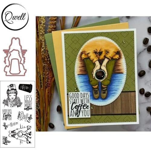 QWELL Cutting Dies With Clear Stamps Set Lovely Girl Warm Coffee Less Mondays More Coffee Series DIY Craft Scrapbooking 2020