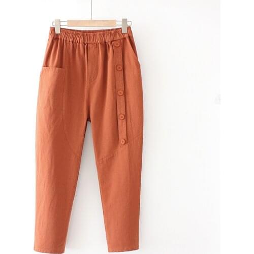 Plus Size XL-4XL Black Orange Women Solid Pants Casual Elastic Waist Cotton&Linen Slim Elegant Long Pants