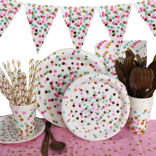 Pink Bronzing Disposable Plates For The Wedding Gold Dot Decoration For Birthday Party Baby Shower Star Kids Party Tableware Set