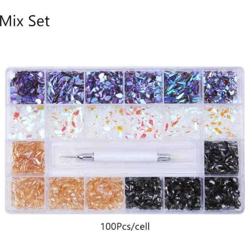 Swarovsky Crystal AB Rhinestone In Grids Mix Size Shape Flat- Back Nail Art Rhinestone Gem With 1 Pick Up Pen In Clear Big Box