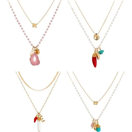 Vintage Jewelry with Gold Color Nutural Stone Mult Layered Chain Necklace for Women Bijux Femme 2020