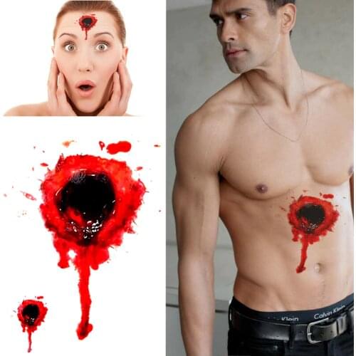 TEMPORARY TATTOO, BLOODY BULLET HOLE, SCAR, HALLOWEEN - MENS, WOMANS, KIDS, FAKE