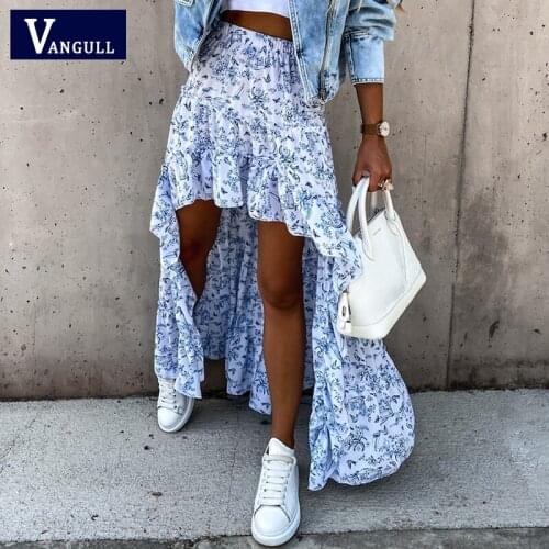 Vangull Summer High Waist Irregular Skirts Women Floral Print Elastic Waist Ruffles A-Line Long Skirt 2021 New Casual boho Beach