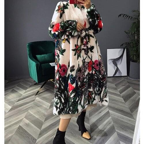 2019 New Imported Womens Mink Fur Coat Womens Fashion Long Outwear Thick Warm Fur Jacket Womens Printed Fur Coat