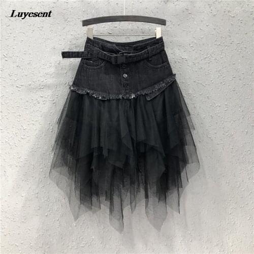 Black Blue Gothic Women Cool Denim Mini Skirt 2021 Punk Fashion Lady Mesh Spliced Adjustable Buckle Strap Pocket Street Skirts