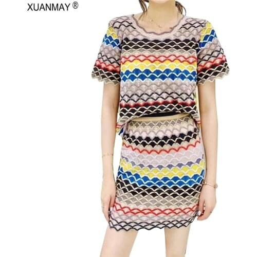 Bohemian Womens wavy striped Thin Sweater and Bag hip Skirt womens Two-piece suit Summer knit Tops and skirts Two-piece suit