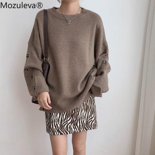 Mozuleva 2021 Office Lady O-Neck Full Woman Knitted Sweater Regular Button Solid Pullovers for Woman Fall Women Clothing