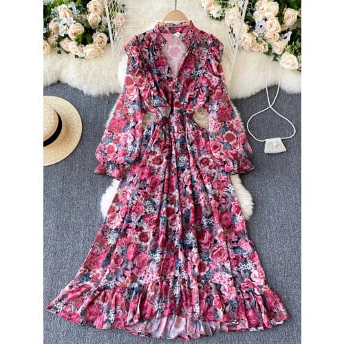 2021 New Spring Temperament Fashion Print Vestidos Femininity V-neck Puff Sleeve Ruffled Slim Retro Print Dress C307