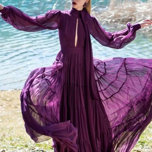 Woman dress fashion retro purple sexy cut air quality slim long-sleeved big swing chiffon long dress