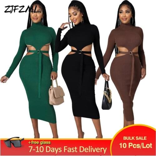 Bulk Items Wholesale Lots Womens Ribbed Knitted Dress Elegant High Necked Long Sleeve Mid Calf Dresses Fall Clothing Casual