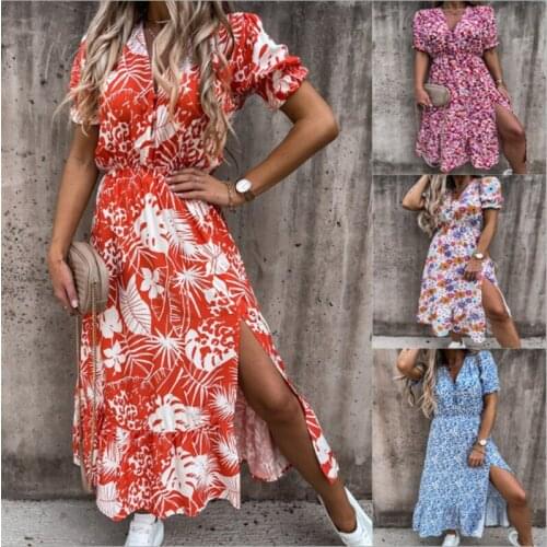 2021 Floral Long Dress Women Pink Midi Summer Dress Woman Vintage Ruched Slit Short Puff Sleeve Elegant Ladies Sexy y2k Dresses