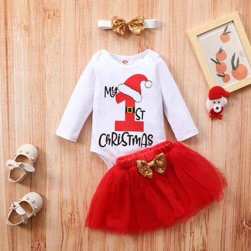 3PCS My First Christmas Baby Outfits Newborn Baby Christmas Cartoon Print Romper Bodysuit+Bowknot Tulle Skirt Set ropa bebé niña