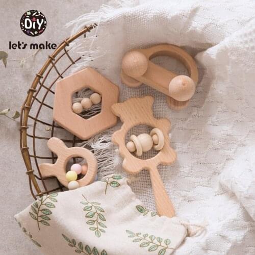 Let’ s Make 4pcs Baby Rattle Set Hand Teething Beech Wooden Ring With Silicone Beads Bear Animal Rattles Educational Baby Toys
