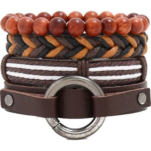 4PCS/Set Leather Bracelet Bangle For Man Braided Rope Wood Beaded Wristband Jewelry Gift Dropshipping