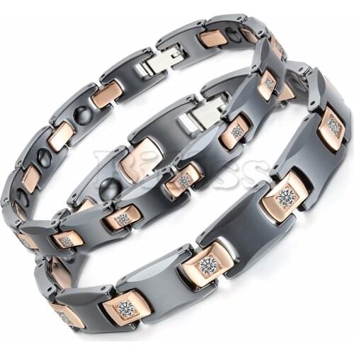 BONISKISS Mens Stainless Steel Ceramic Bracelet Bioenergy Bangle Magnetic Germanium Stone Health Jewelry Women Simple Jewelry
