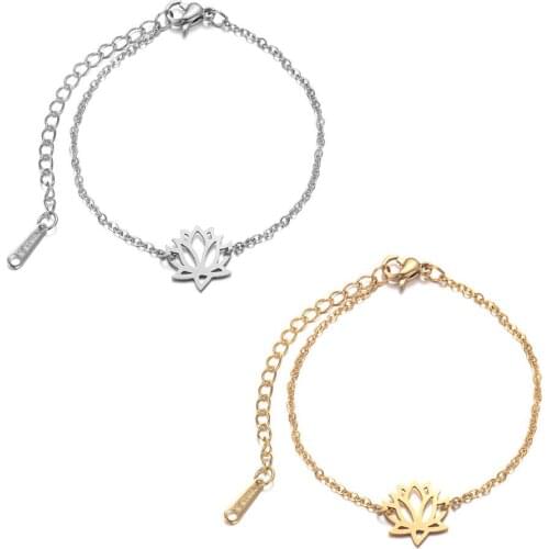 100% Stainless Steel Yoga Lotus Charm Bracelet Gold Chain Flower Lucky Yoga OM Lotus Never Tarnish Jewelry Bracelets for Women