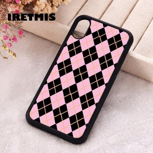 Iretmis 5 5S SE 2020 Phone Cover Case for iPhone 6 6S 7 8 Plus X Xs XR 11 12 Mini Pro Max Silicone Pink And Black Argyle Pattern