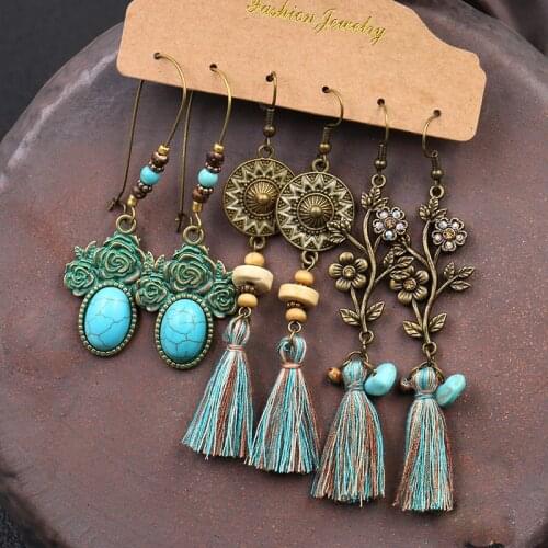 Bronze Silver Color Ethnic Earrings Sets Jewelry Long Metal Tassel Dangling Earrings for Women Leaf Flowers Geometric Earring