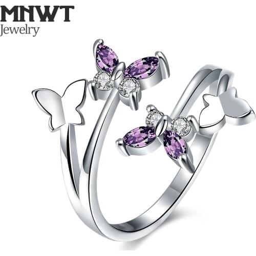 MNWT Women Jewelry Silver Color Adjustable Ring Rhinestone Butterfly Rings Lady Fashion Party or Engagement Jewelry Gift