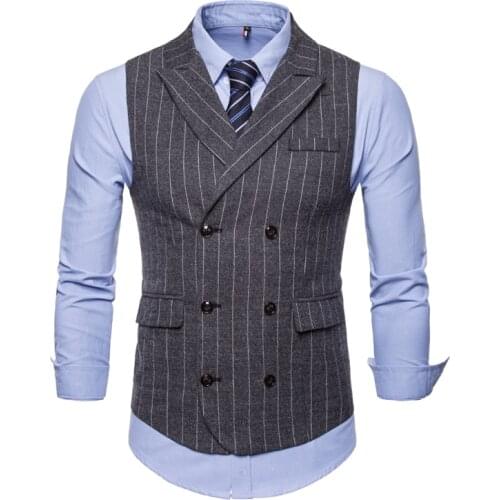 Mens Retro Sleeveless Suit Vest Dark Brown Peak-Lapel Stripe Solid Double-breasted Slim Fit For Male Casual Waistcoat 2021