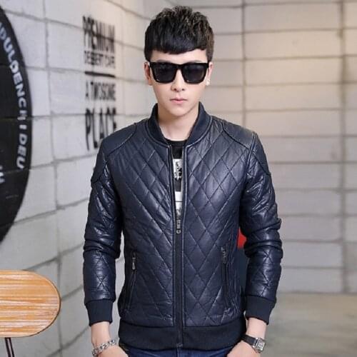 New Fashion Casual Stand-up Collar Jacket Leather Jacket Mens Autumn and Winter Plus Velvet Baseball Collar PU Leather Jacket