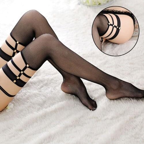 New Fashion Women Sexy Stockings Soft Breathable Hollow Elastic Mesh Rivet Lace Top Thigh High Stockings for Women