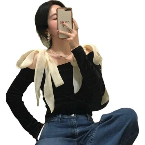 New Autumn Unique Design Shirts Women Lace-up Bow-knot Slash Neck Velvet Blouse Long sleeve Tops Female Slim Fit Blusas Chic