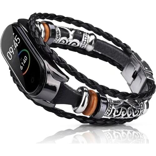 Retro Bracelet for Xiaomi Mi Band 5 4 3 Watch Strap Handmade Beads Leather Wrist Belt for MIband5 Jewelry Watchband