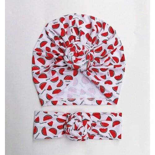 Vintage Print Knotted Newborn Cap and Elastic Headband Set Soft Comfortable Polyester Cotton Baby Girls Turban Hat Kids Headwear