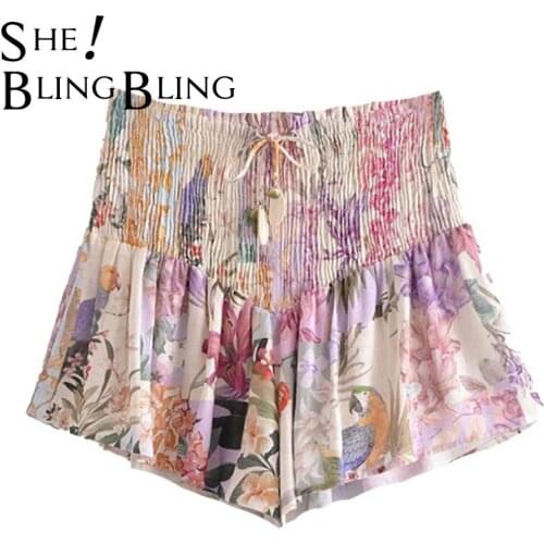 SheBlingBling New Women Fashion Floral Print Summer Ruffles Hot Skirts Shorts Femme Chic Elastic Waist Lace Up Pantalone Cortos