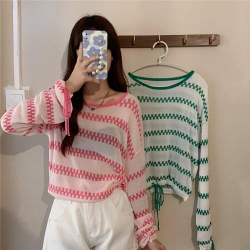 Sunscreen Shirt Thin Round Neck Striped Long-sleeved Sweater Women Summer New Korean Loose All-match Blouse