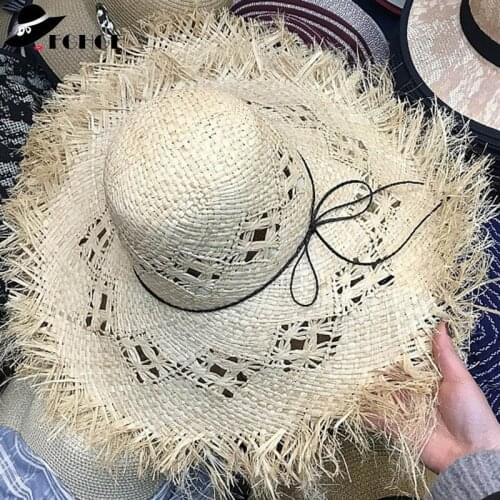 FGHGF Handmade Weave 18cm/7.1"Large Wide Brim 100% Raffia Straw Sun Hat Amazing Hollow Design Summer Boater Hat Women Beach Hat