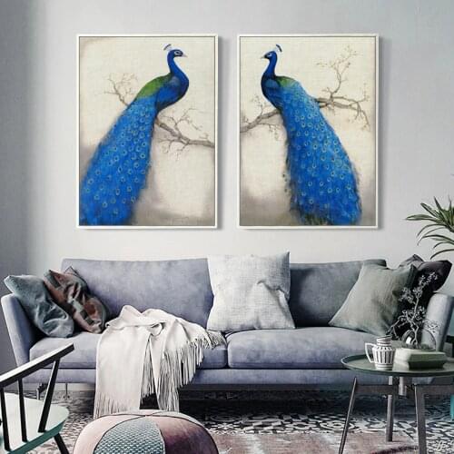 Modern Vintage Abstract Style Blue Peacock Standing On Tree Canvas Art Painting Print Poster Wall Art Elegant Home Decoration