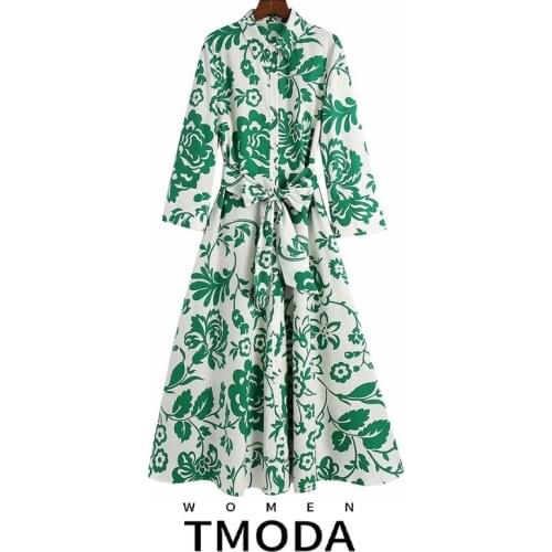 TMODA1705 Za 2021 Summer Women Green Floral Print Midi Dress With Belt Vintage Three Quarter Sleeve Button Dress Female Vestidos