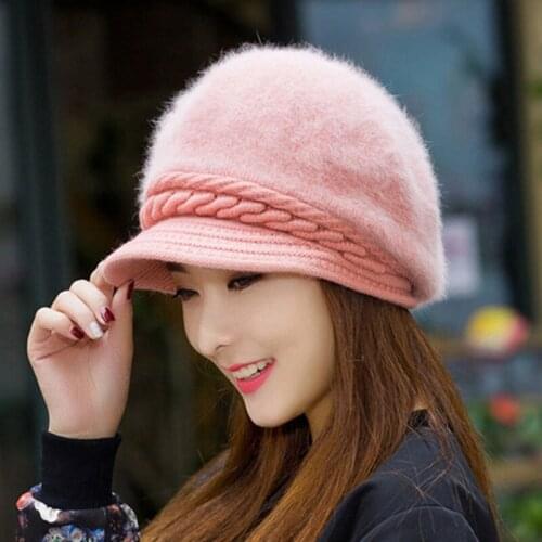 Womens Hat Winter rabbit hair hat outdoor leisure hat gift for mother fashion adjustable big head round Beret Hat