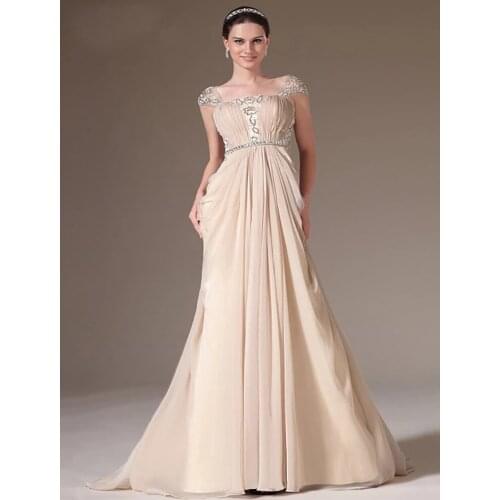 Women Elegant Long Evening Dresses Cap Sleeves A Line Appliques Pleat Beaded Chiffon Dubai Saudi Arabic Evening Gown Prom Dress