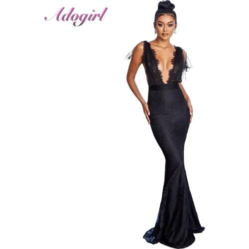 Women Elegant Lace Patchwork Ruffle Shoulder Mermaid Banquet Long Dress Sexy Backless Hollow Out Bandage Evening Party Dresses