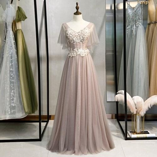 Bespoke Occasion Dresses Illusion V-Neck Short Embroidery Crystal Backless A-Line Tulle Beading Women Formal Evening Gown HB167