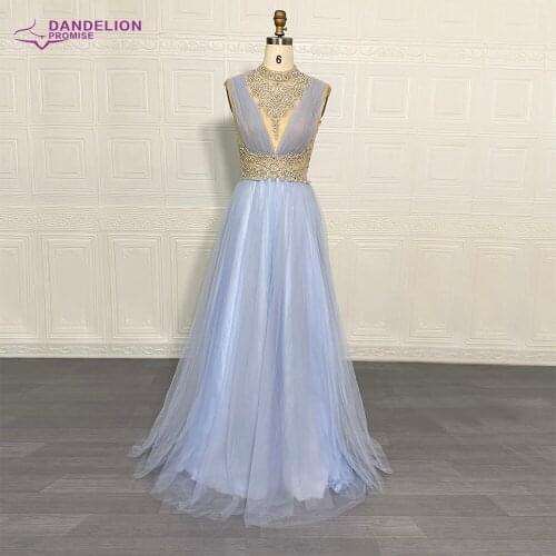 Elegant High Neck Evening Dress For Women 2021 Sleeveless Tulle Handmade Crystal Beaded Prom Party Gown