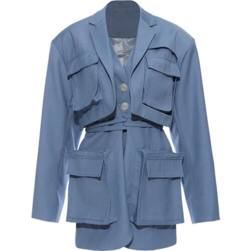 SeeBeautiful New Fashion Spring 2021 Pockets Bandage Buttton Long Sleeve Notched Neck Loose Coat Single Suit Female W734