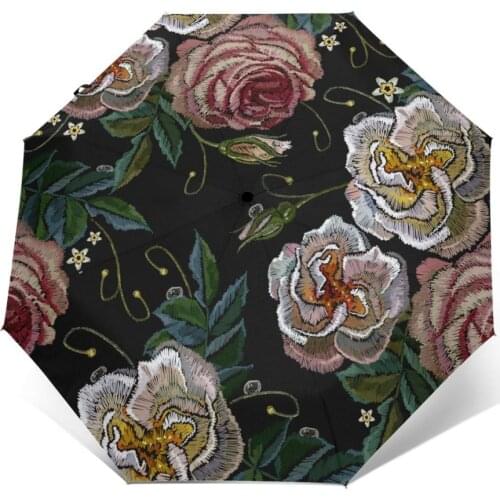 Sunny Umbrella Roses Embroidery Print Automatic folding portable men women umbrella Sunscreen rain Windproof beach parasol