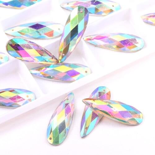 50pcs 10x30mm Acrylic Long Teardrop Shapes Crystal AB Sew On Rhinestones Flatback Sew-On Rhinestone For Wedding Dress B2275