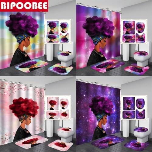 African American Women Shower Curtain Sexy Afro Girl Bathroom Curtains and Bath Mats Rugs Toilet Lid Cover Washroom Home Decor
