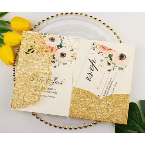 Free Shipping 1pcs sample Gold/White Laser Cut Rose tri-fold Wedding Invitation Cards Personalized Pocket Invite Customized RSVP